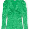 Klaer Ganni Korte Kjoler | Crinkled Satin V-Neck Mini Dress Bright Green